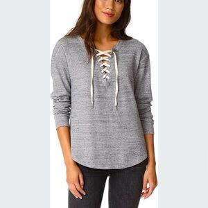 Splendid Gray Waffle Knit Lace-Up Long Sleeve Top with Tie Front Detailing